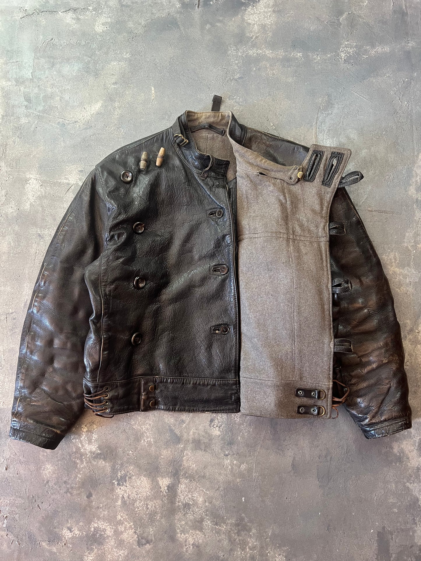 1950’s Swedish Motorcycle Army Leather Jacket “Ordonnansjacka” and Pants (XL)