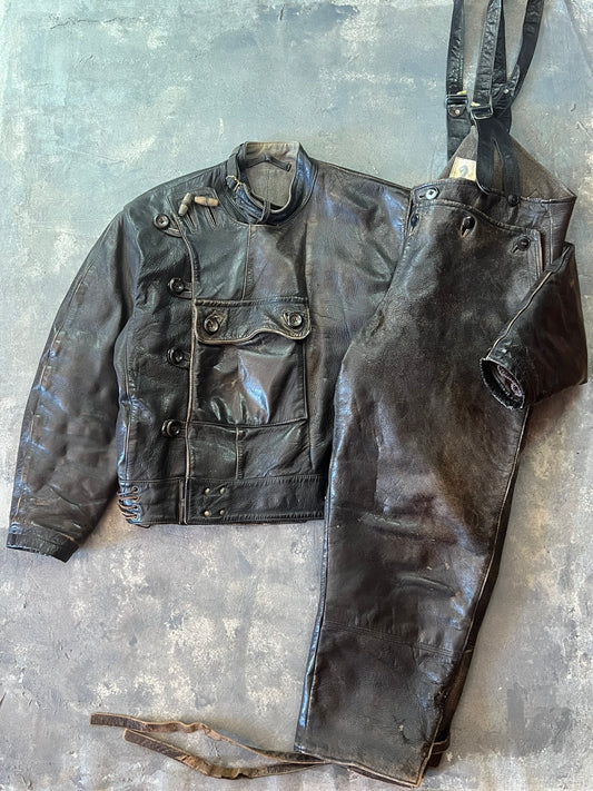 1950’s Swedish Motorcycle Army Leather Jacket “Ordonnansjacka” and Pants (XL)