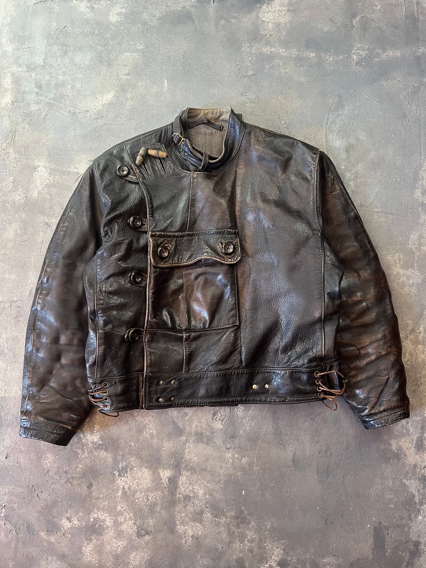 1950’s Swedish Motorcycle Army Leather Jacket “Ordonnansjacka” and Pants (XL)
