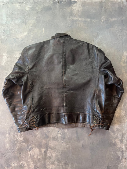 1950’s Swedish Motorcycle Army Leather Jacket “Ordonnansjacka” and Pants (XL)