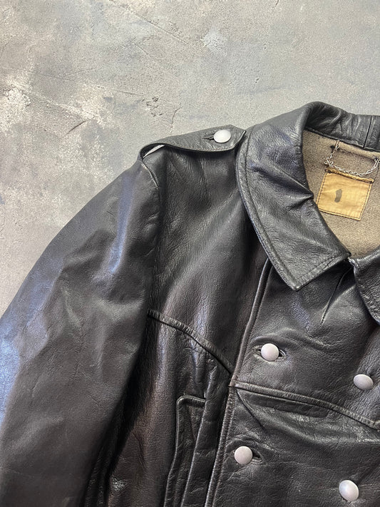 1940' Mats Larsson WWII Swedish military black leather motorcycle rider jacket (M)