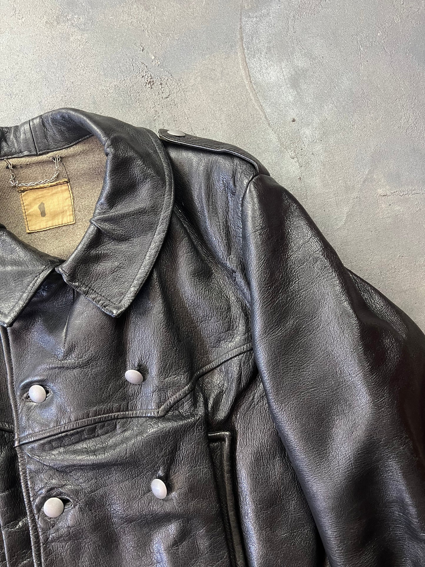 1940' Mats Larsson WWII Swedish military black leather motorcycle rider jacket [Size: M]