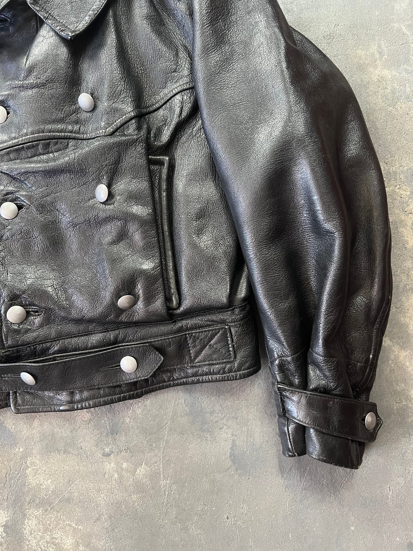 1940' Mats Larsson WWII Swedish military black leather motorcycle rider jacket [Size: M]