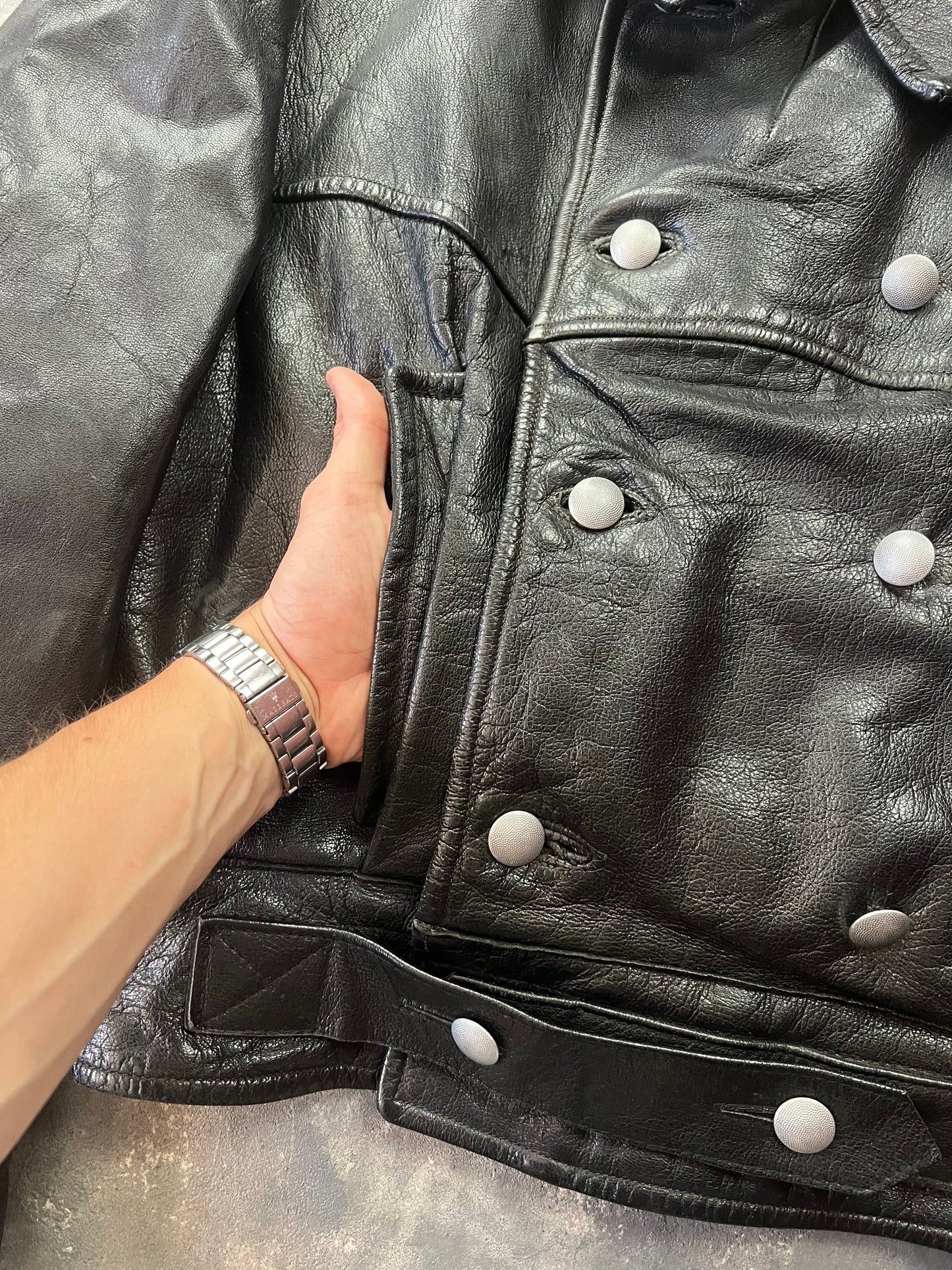 1940' Mats Larsson WWII Swedish military black leather motorcycle rider jacket [Size: M]