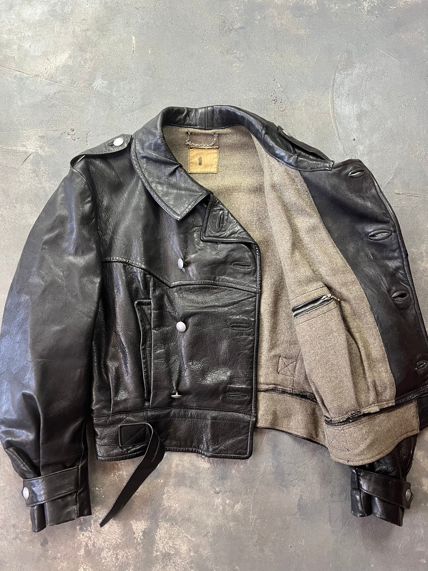 1940' Mats Larsson WWII Swedish military black leather motorcycle rider jacket [Size: M]