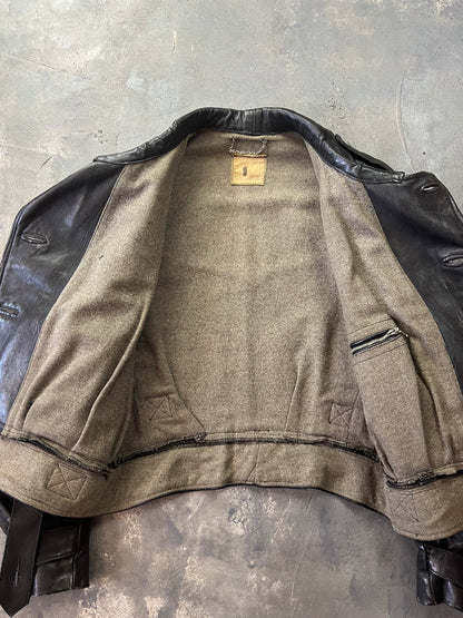 1940' Mats Larsson WWII Swedish military black leather motorcycle rider jacket [Size: M]